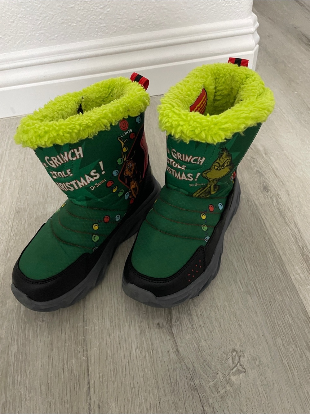 Dr. Seuss Green and Neon Yellow Grinch Kids' Winter Boots